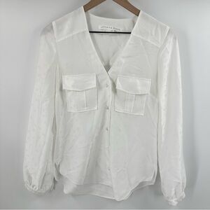 Veronica Beard V-Neck Button Blouse Size 2 Ivory Satin Safari Long Sleeve Office